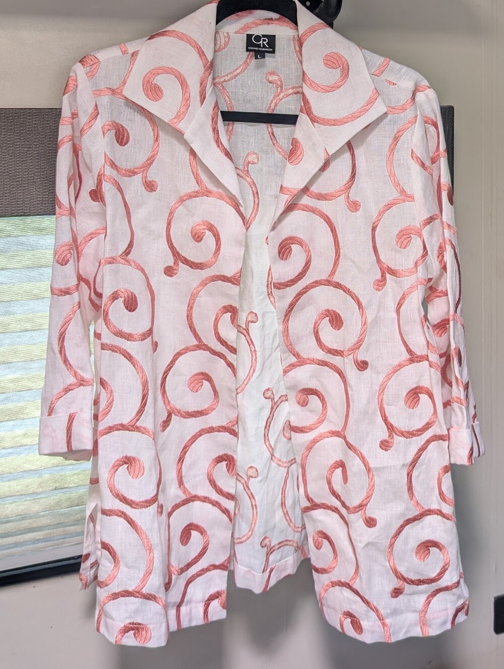 Connie Roberson Linen Open Jacket Large White Coral Spirals